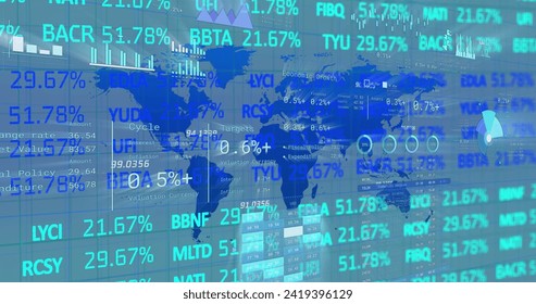Image of financial data processing over world map. Global business, finances, computing and data processing concept digitally generated image.