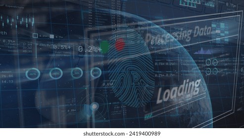 Image of financial data processing over globe. Global networks, business, finances, computing and data processing concept digitally generated image.