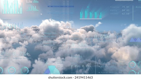 Image of financial data processing over clouds. Global networks, business, finances, computing and data processing concept digitally generated image.