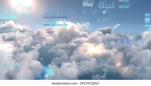 Image of financial data processing over clouds. Global networks, business, finances, computing and data processing concept digitally generated image.