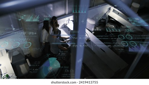 Image of financial data processing over diverse business people. Global business, finances, computing and data processing concept digitally generated image.
