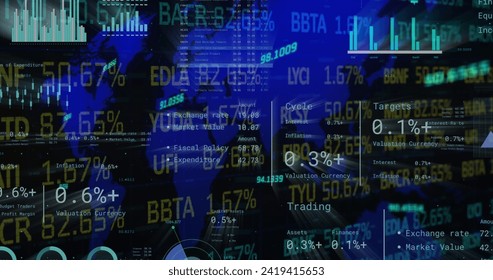 Image of financial data processing over world map. Global networks, business, finances, computing and data processing concept digitally generated image.