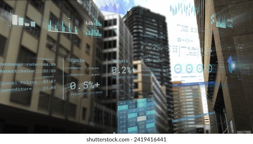 Image of financial data processing over cityscape. Global business, finances, computing and data processing concept digitally generated image.