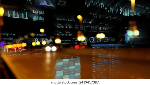 Image of financial data processing over city. Global networks, business, finances, computing and data processing concept digitally generated image.