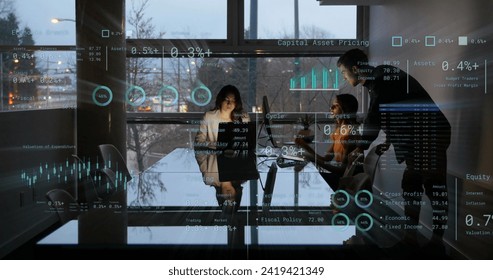 Image of financial data processing over diverse business people in office. Global networks, business, finances, computing and data processing concept digitally generated image.