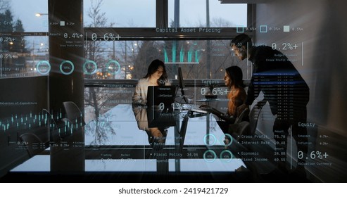 Image of financial data processing over diverse business people in office. Global networks, business, finances, computing and data processing concept digitally generated image.