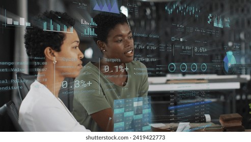 Image of financial data processing over diverse business people in office. Global business, finances, computing and data processing concept digitally generated image.