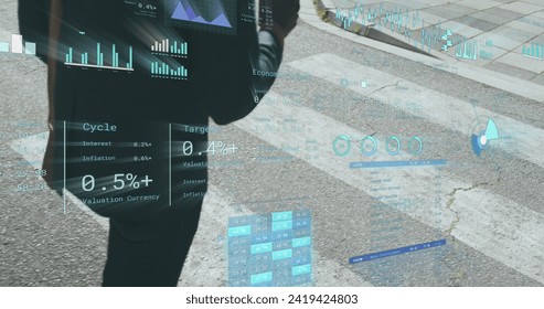 Image of financial data processing over man crossing street. Global business, finances, computing and data processing concept digitally generated image.