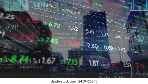 Image of financial data processing over cityscape. Global business, finances, computing and data processing concept digitally generated image.
