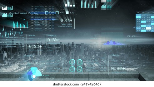 Image of financial data processing over cityscape. Global networks, business, finances, computing and data processing concept digitally generated image.