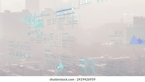 Image of financial data processing over cityscape. Global business, finances, computing and data processing concept digitally generated image.