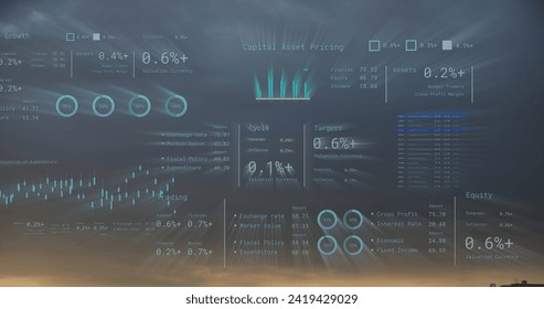 Image of financial data processing over cityscape. Global business, finances, computing and data processing concept digitally generated image.