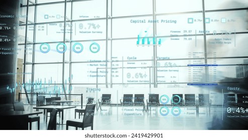 Image of financial data processing over people in office. Global business, finances, computing and data processing concept digitally generated image.