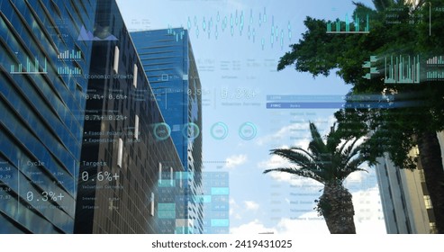 Image of financial data processing over city. Global networks, business, finances, computing and data processing concept digitally generated image.