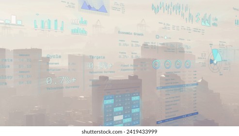 Image of financial data processing over cityscape. Global business, finances, computing and data processing concept digitally generated image.