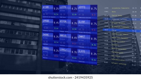 Image of financial data processing over cityscape. Global networks, business, finances, computing and data processing concept digitally generated image.