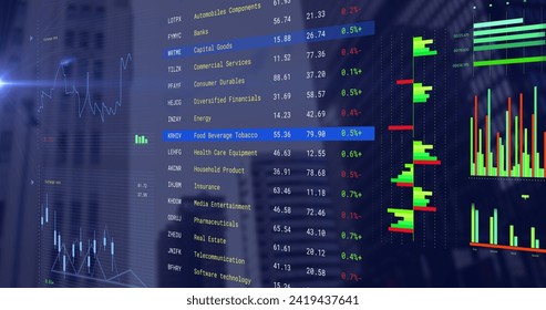 Image of financial data processing over cityscape. Global networks, business, finances, computing and data processing concept digitally generated image.