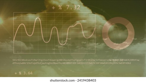 Image of financial data processing over clouds. Global networks, business, finances, computing and data processing concept digitally generated image.