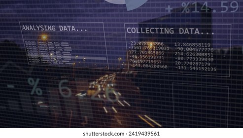 Image of financial data processing over cityscape. Global business, finances, computing and data processing concept digitally generated image.