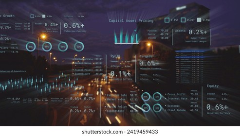 Image of financial data processing over city. Global networks, business, finances, computing and data processing concept digitally generated image.