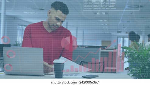 Image of financial data processing over biracial businessman using laptop in office. Global business, finances, computing and data processing concept digitally generated image. - Powered by Shutterstock - Get 15% off with code: PIKWIZARD15