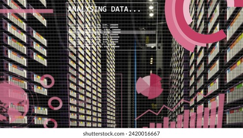Image of financial data processing over grid and servers background. Global business, finances, computing and data processing concept digitally generated image.