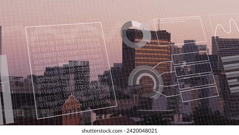 Image of financial data processing over cityscape background. Global business, finances, computing and data processing concept digitally generated image.