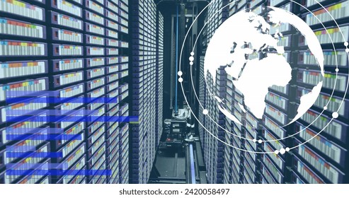 Image of financial data processing over globe and servers background. Global business, finances, computing and data processing concept digitally generated image.