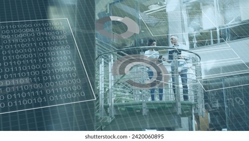 Image of financial data processing over grid and office building background. Global business, finances, computing and data processing concept digitally generated image.