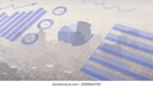 Image of financial data processing over grid background. Global business, finances, computing and data processing concept digitally generated image.