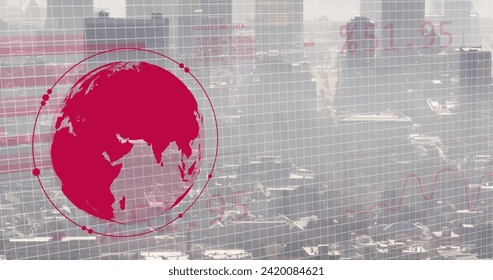 Image of financial data processing over grid and cityscape background. Global business, finances, computing and data processing concept digitally generated image. - Powered by Shutterstock - Get 15% off with code: PIKWIZARD15
