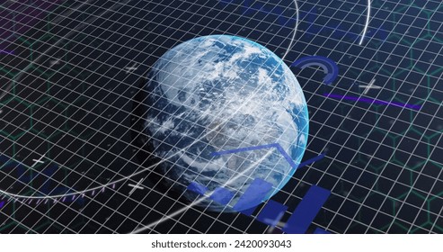 Image of financial data processing over grid and globe background. Global business, finances, computing and data processing concept digitally generated image.