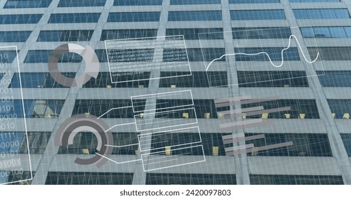 Image of financial data processing over modern office building background. Global business, finances, computing and data processing concept digitally generated image.