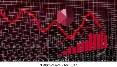 Image of financial data processing over grid background. Global business, finances, computing and data processing concept digitally generated image.