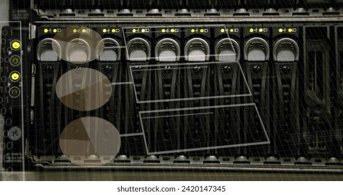 Image of financial data processing over computer server background. Global business, finances, computing and data processing concept digitally generated image.