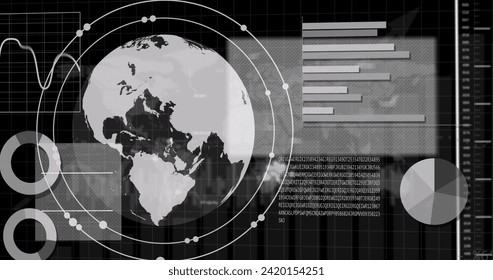 Image of financial data processing over globe. Global business, finances, computing and data processing concept digitally generated image.