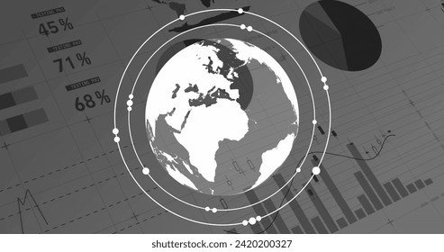 Image of financial data processing over globe. Global business, finances, computing and data processing concept digitally generated image.