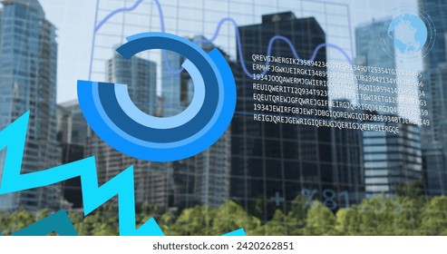 Image of financial data processing over grid and cityscape. Global business, finances, computing and data processing concept digitally generated image.