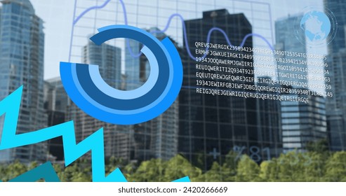 Image of financial data processing over grid and cityscape. Global business, finances, computing and data processing concept digitally generated image.