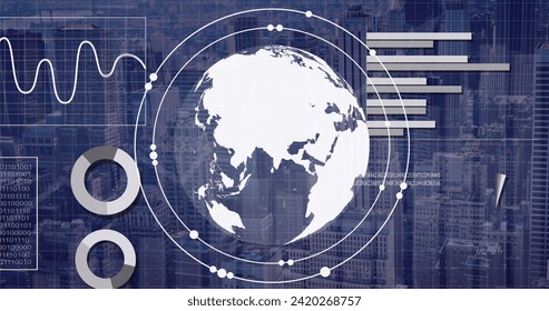 Image of financial data processing over cityscape. Global business, finances, computing and data processing concept digitally generated image.