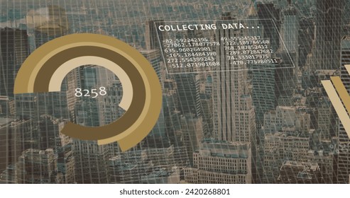 Image of financial data processing over cityscape. Global business, finances, computing and data processing concept digitally generated image.