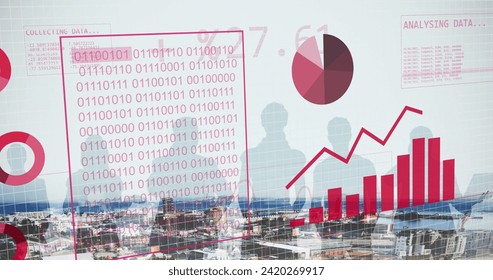 Image of financial data processing over cityscape. Global business, finances, computing and data processing concept digitally generated image.