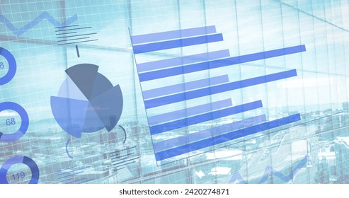Image of financial data processing over cityscape. Global business, finances, computing and data processing concept digitally generated image.