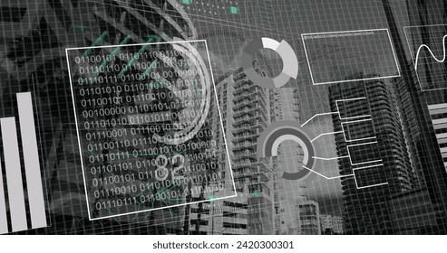 Image of financial data processing over city. Global business, finances, computing and data processing concept digitally generated image.