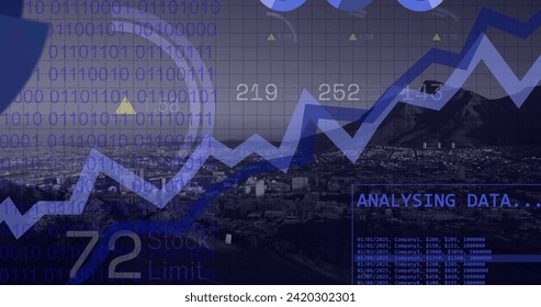 Image of financial data processing over city. Global business, finances, computing and data processing concept digitally generated image.