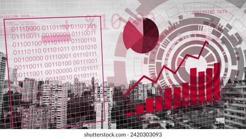 Image of financial data processing over city. Global business, finances, computing and data processing concept digitally generated image.