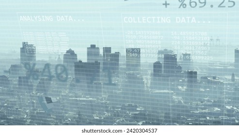 Image of financial data processing over city. Global business, finances, computing and data processing concept digitally generated image.