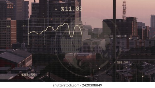 Image of financial data processing over city. Global business, finances, computing and data processing concept digitally generated image.