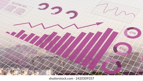 Image of financial data processing over cityscape. Global business, finances, computing and data processing concept digitally generated image.