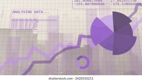 Image of financial data processing over city. Global business, finances, computing and data processing concept digitally generated image.